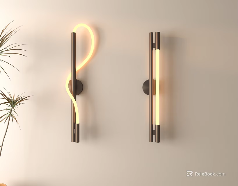 Modern Wall Lamps With Yellow Lighting Black Metal Frames And Plant Mounted On Wall 3d model 