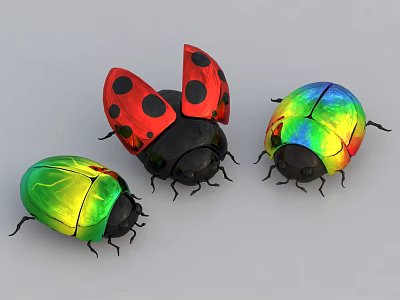 Three Colorful Ladybugs With Red Black Spots Green And Iridescent Shells On Gray Background 3d model