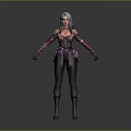 3D Female Character Model With Blue Gray Hair And Dark Purple Accented Outfit