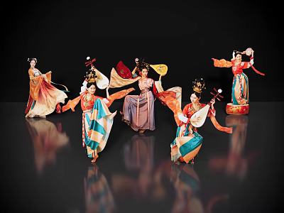 Women Gracefully Dancing In Colorful Traditional Costumes With Flowing Skirts And Headpieces 3d model