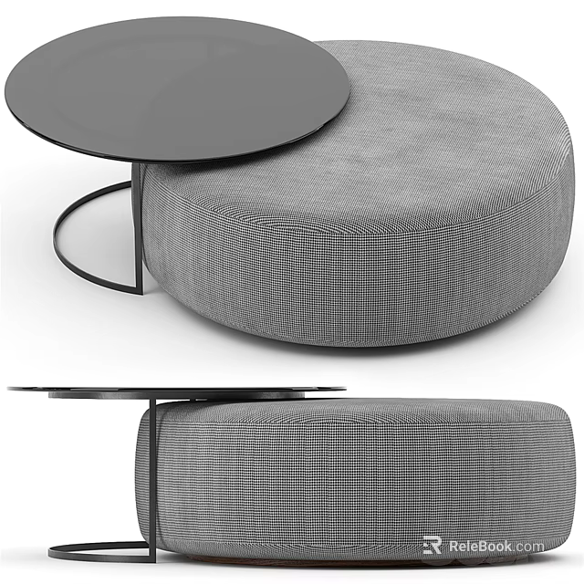Modern Round Black Coffee Table With Metal Frame And Grey Plaid Cushioned Stool Design 3d model 