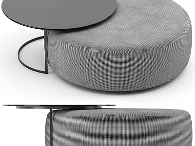 Modern Round Black Coffee Table With Metal Frame And Grey Plaid Cushioned Stool Design 3d model