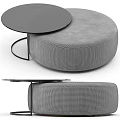 Modern Round Black Coffee Table With Metal Frame And Grey Plaid Cushioned Stool Design