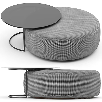 Modern Round Black Coffee Table With Metal Frame And Grey Plaid Cushioned Stool Design 3d model