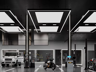 Modern Automotive Workshop Interior With White SUV Motorcycle Repair Equipment And LED Lighting 3d model