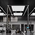 Modern Automotive Workshop Interior With White SUV Motorcycle Repair Equipment And LED Lighting