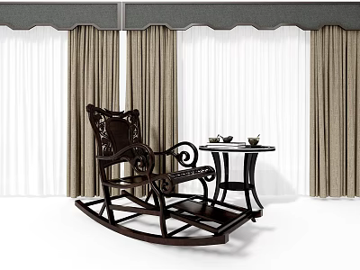 Dark Wooden Carved Rocking Chair With Side Table Tea Set And Beige White Curtains 3d model