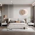 Modern Bedroom Interior With Comfortable Bed Headboard Bedside Tables Circular Mirrors And Window Curtains 3d model