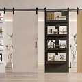 Modern Interior With Stylish Sliding Doors And Bookshelves Filled With Magazines And Plants