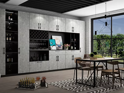 Modern Wine Cabinet Interior Design With Glass Doors Wine Racks And Dining Chairs 3d model