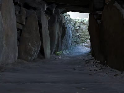 Natural Scenery Of Stone Passage With Tall Stone Walls Dirt Ground And Light At End 3d model