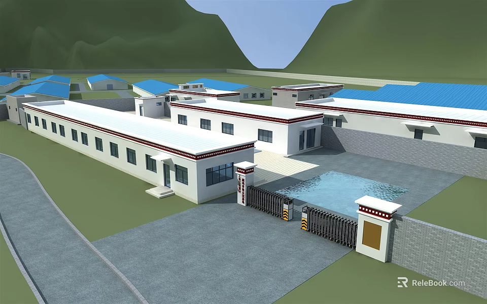 White Building Complex With Blue Roofs Gate Courtyard And Mountain View 3d model