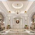 Luxurious Foyer Hallway Design With Crystal Chandelier Classical Columns And Decorative Carpet