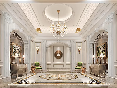 Luxurious Foyer Hallway Design With Crystal Chandelier Classical Columns And Decorative Carpet 3d model