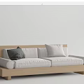 Modern Double Sofa With Wooden Frame White Cushions And Dark Throw Pillow
