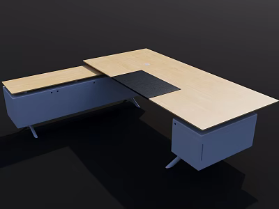 Light Wood Office Desk With Blue Drawer Units And Black Work Surface Design 3d model