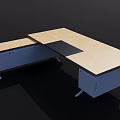 Light Wood Office Desk With Blue Drawer Units And Black Work Surface Design