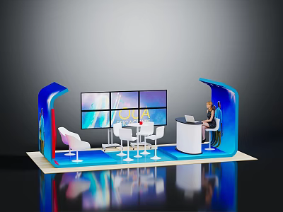 Modern Exhibition Booth With Blue White Design Multiple Screens Tables Chairs And Service Desk Person 3d model