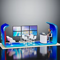 Modern Exhibition Booth With Blue White Design Multiple Screens Tables Chairs And Service Desk Person