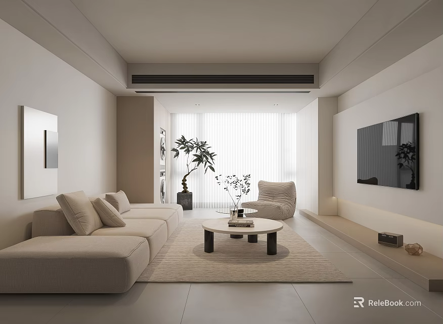 Modern Minimalist Living Room With Beige Sofa Round Coffee Table Floor Plant And Floor-to-Ceiling Windows 3d model 