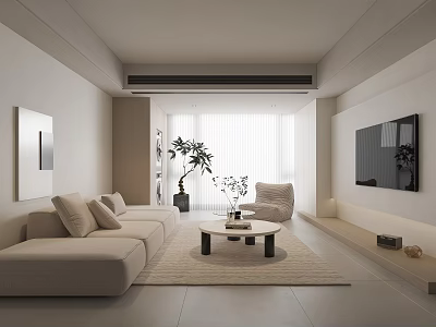 Modern Minimalist Living Room With Beige Sofa Round Coffee Table Floor Plant And Floor-to-Ceiling Windows 3d model