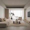 Modern Minimalist Living Room With Beige Sofa Round Coffee Table Floor Plant And Floor-to-Ceiling Windows