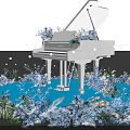 Floral Decoration Display With White Piano Surrounded By Blue Flowers And Starry Backdrop