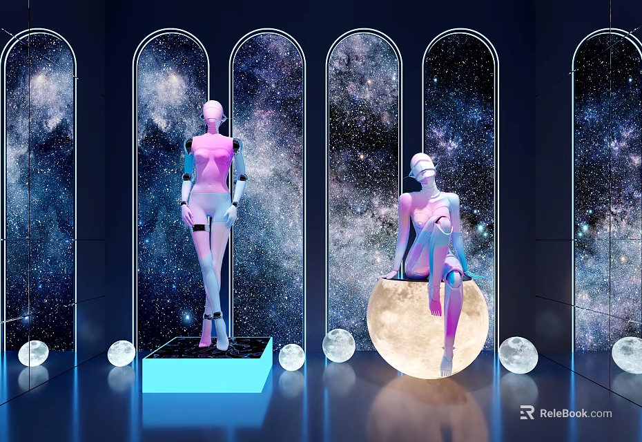 Stunning Photo Spot With Arched Doorways Starry Sky Backdrop Mannequins Moon Seat And Glowing Spheres 3d model 