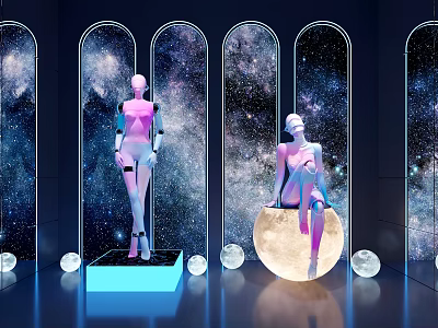 Stunning Photo Spot With Arched Doorways Starry Sky Backdrop Mannequins Moon Seat And Glowing Spheres 3d model