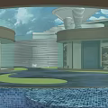 Contemporary Sales Office Building with Circular Sculpture Pool Marble Floor and Blue Sky