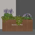 Decorative Wooden Planter Box With Fresh Lavender Hydrangea And Green Plants
