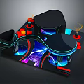 Futuristic Tech Installation With Illuminated Curves Geometric Shapes And Colorful Neon Lights