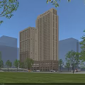 Modern Twin Tall Office Building Exterior With Green Lawn Trees And Blue Sky