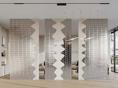 Transparent Wavy Glass Room Dividers In Modern Interior With Reflection And Hanging Lights 3d model