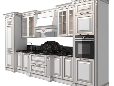 Classic White Kitchen Cabinets with Glass Door Design Black Marble Countertop Oven and Range Hood 3d model