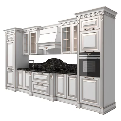 Classic White Kitchen Cabinets with Glass Door Design Black Marble Countertop Oven and Range Hood 3d model