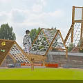 Kindergarten Wooden Climbing Playground Structure With Net Ladders And Rings For Children Playing