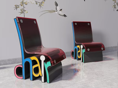 Modern Stylish Leisure Chair Design With Colorful Letter Base Red Seat And Bird Decor 3d model