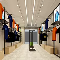 Modern Clothing Store Interior With Hanging Orange Blue Shirts Clothing Racks And Lighting
