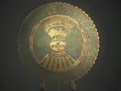 Vintage Circular Calendar 1937 1938 With Green Gold Decorative Patterns And Lace Edge Stand 3d model