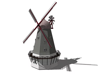 Traditional Windmill Architectural Structure With Red Blades Gray Tower White Base And Black Fence 3d model