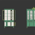 Green Glass Door Display Cabinets With Open And Closed Designs And Top Plant Decoration