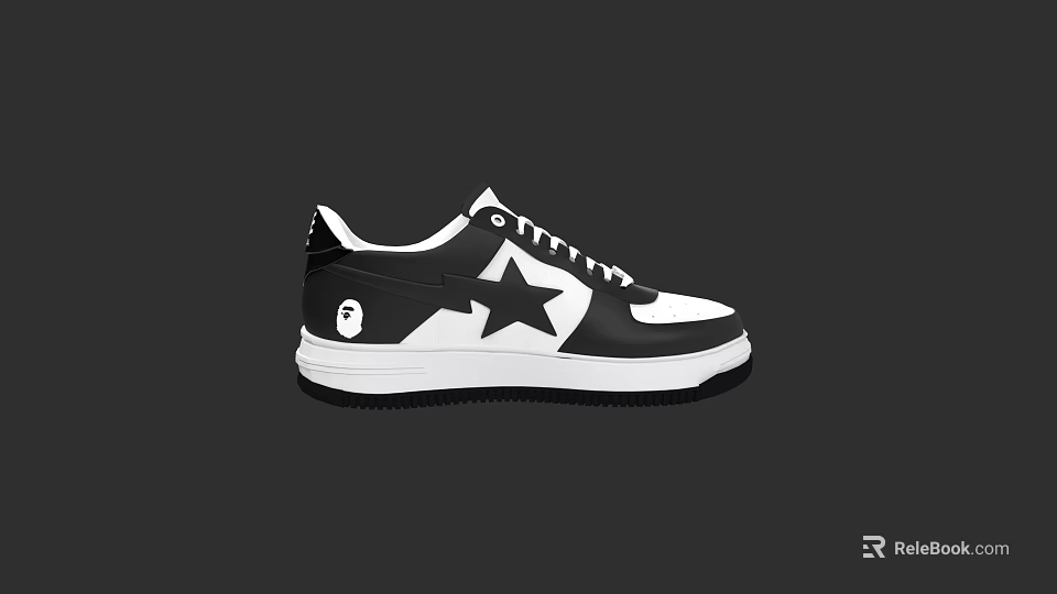 Black And White Sneakers With Star Logo Ape Head Design And White Laces 3d model 