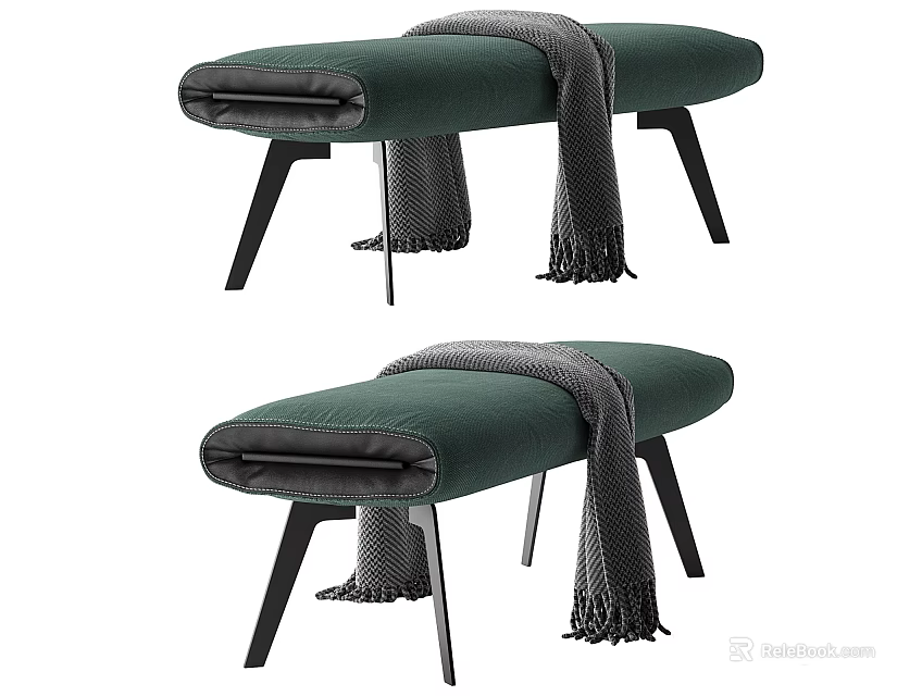 Modern Green Fabric Sofa Bench With Gray Throw Blanket And Black Metal Legs 3d model 