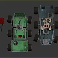 Two Sci Fi Armored Vehicles With Large Tires Top Mounted Equipment Green And Teal