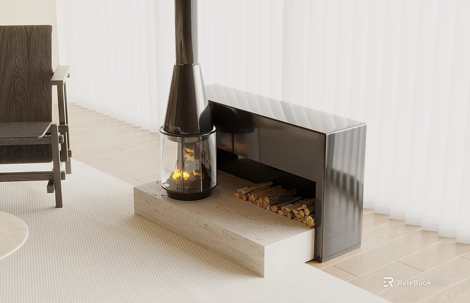 Modern Black Fireplace with Glass Enclosure Burning Flames and Stacked Firewood on Concrete Base 3d model 
