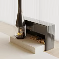 Modern Black Fireplace with Glass Enclosure Burning Flames and Stacked Firewood on Concrete Base