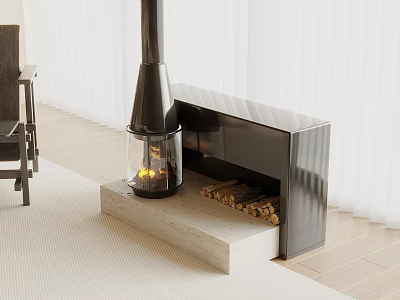 Modern Black Fireplace with Glass Enclosure Burning Flames and Stacked Firewood on Concrete Base 3d model