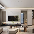 Modern Living Dining Room With Beige Sofa Coffee Table TV Round Decorative Painting And Plant