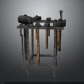 Ancient Metal Weapon Device With Hanging Metal Bars And Rusty Metal Frame Structure